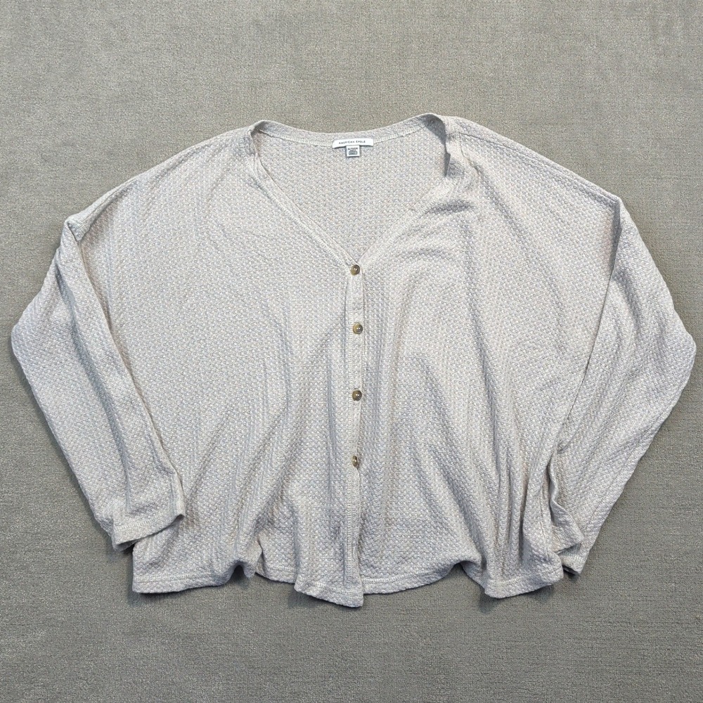 American Eagle Cardigan Womens XL Gray Waffle Knit Button Front Thermal Sweater